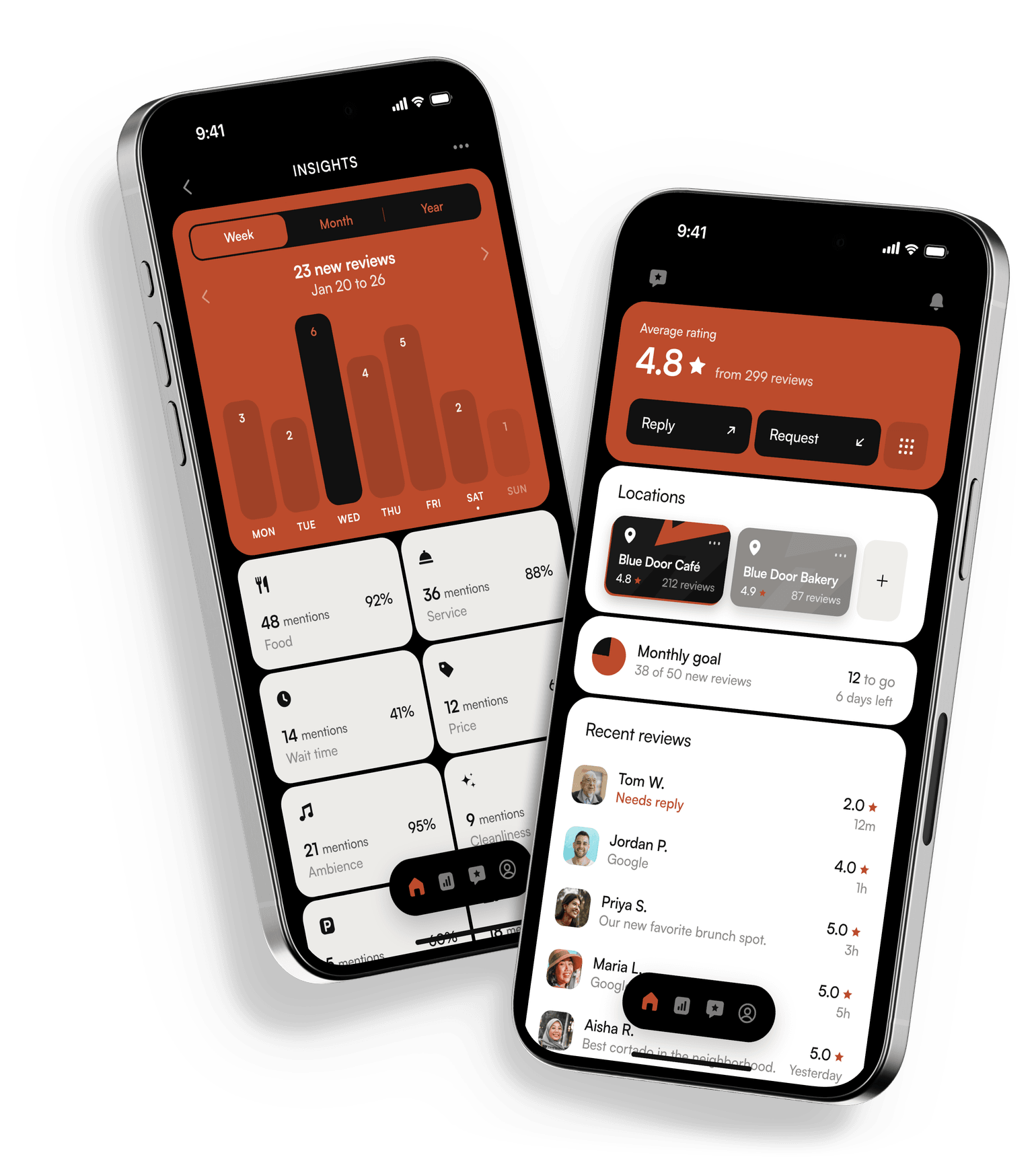 The Remarkly app on two iPhones: review insights for the week, and the home screen with average rating and recent reviews.